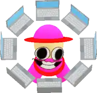 a cartoon character with a pink hat and mustache is surrounded by a circle of laptops