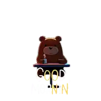 a teddy bear sits at a table with a cup of coffee and the words good morning on the bottom