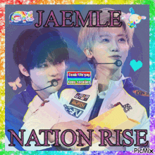 a picture of jaemle and nation rise with a rainbow colored background