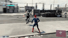 a video game screen shows a spider-man fighting a motorcycle