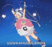 a girl in a fish costume is flying through the air in a cartoon .