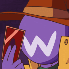 a purple cartoon character with a white w on his face holding a red card