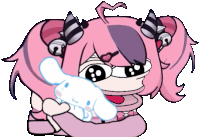 a cartoon drawing of a girl with pink hair holding a stuffed animal