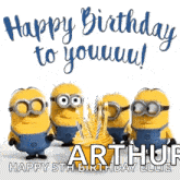 a group of minions are standing next to a cupcake with candles and the words happy birthday to you !