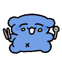 a cartoon of a blue bear holding a fork and spoon with an x on its face