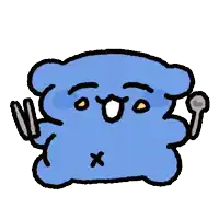 a cartoon of a blue bear holding a fork and spoon with an x on its face