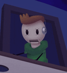 a cartoon character wearing headphones looks out a window