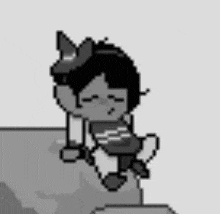 a black and white pixel art of a person sitting on a ledge .