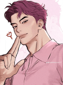 a drawing of a man with purple hair and a heart on his face