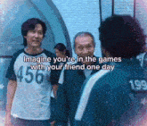 two men are standing next to each other and one of them has the number 456 on his shirt .
