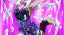 a woman in a purple and green outfit is dancing on a pink background .