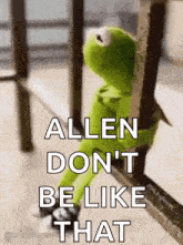 kermit the frog is leaning against a railing with the words `` allen don 't be like that '' written on it .