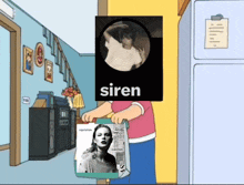 a cartoon of a woman carrying a purse with the word siren on it
