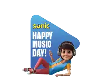 a boy wearing headphones is laying down in front of a sonic happy music day sign