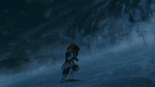 a cartoon character is running in the snow with a large blue crystal in the background