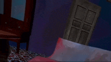 a girl with blue hair is standing in a room