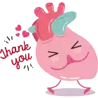 a cartoon heart says thank you with hearts coming out of it