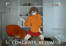 a cartoon character is dancing in a living room with the words `` congrats , bella '' .