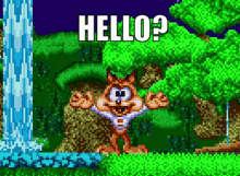 a cartoon squirrel is standing in front of a waterfall with the words hello behind him