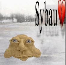 a statue of a face with sybau written in black