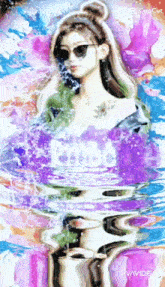 a colorful painting of a woman wearing sunglasses and a bun is floating in the water .