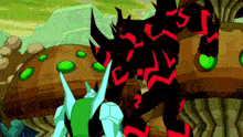 a cartoon character is standing next to another character with green bubbles on them