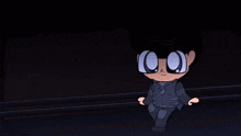 a cartoon character wearing glasses and a suit is standing in the dark