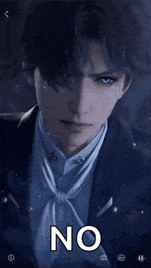 a man in a suit and tie is looking at the camera with the word no written on his face .