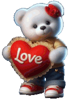a teddy bear is holding a red heart that says love on it .