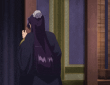 a woman with purple hair is standing in a room