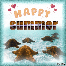 a happy summer greeting card with sea stars in the ocean