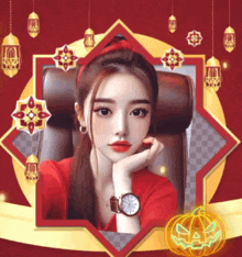 a woman wearing a watch sits in a chair