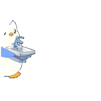 a penguin is washing its hands in a sink with a faucet