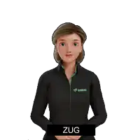 a cartoon woman wearing a simax shirt is pointing at the word zug