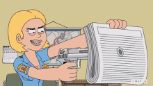 a cartoon of a woman holding a gun and a newspaper with the word webx on the bottom