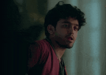 a young man with curly hair and a beard is standing in a dark room and looking at the camera .