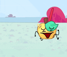 a cartoon illustration of a yellow apple with arms and legs and a leaf on its head .