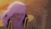 a man with a beard and long purple hair is smiling