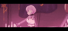 a girl with short hair is standing in a dark room