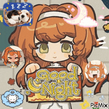 a cartoon of a girl holding a sign that says good night