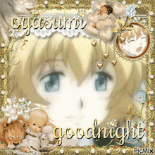 a picture of a girl with the words goodnight in gold letters