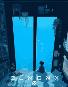 an illustration of a woman sitting in front of a window with elmonx written on it