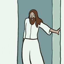 a cartoon of jesus standing in a doorway with his arm outstretched