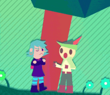 two cartoon characters are standing next to each other and one has a speech bubble above his head