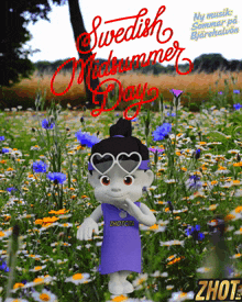 a cartoon character in a field of flowers with the words swedish midsummer day above her
