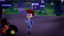 a boy and a girl are standing next to each other on a street in a cartoon .