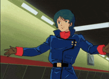 a cartoon character with blue hair and red cuffs