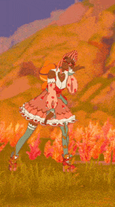 a girl in a pink dress with strawberries on it is standing in a field with her arms outstretched