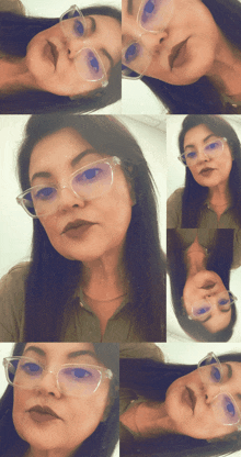 a woman wearing glasses takes a selfie with many different angles of her face
