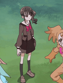 a cartoon of a girl in a school uniform holding something